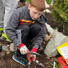 Male student helping plant new garden
